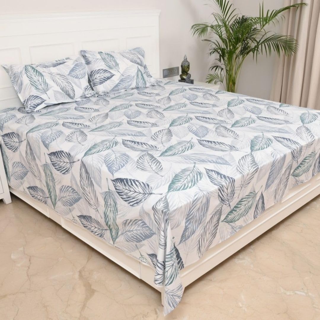 Queen Size Pure Cotton Bedsheet With 2 Pillow Covers | 90 × 100 Inches, Blue & White | Soft Breathable Floral Design Bedding | Comfortable Sleep All Year