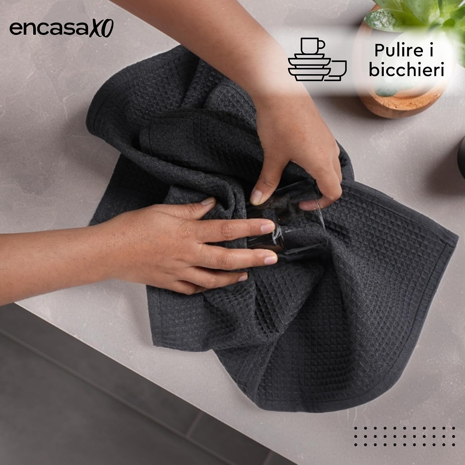 Encasa Xo Kitchen Dish Towels Set 420 Gsm | Waffle Weave & Flat Hand Tea Towel | Quick Drying Reusable Cotton Washcloths | Set Of 6 (Grey )