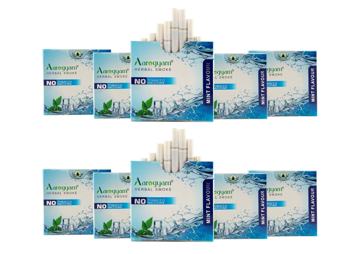 Aarogyam Herbals 100% Tobacco & Nicotine Free Cigarette For Relieve Stress & Mood Enhance Product For Smokers - 10 Sticks In Each Packet Mint Flavour, Pack Of 10