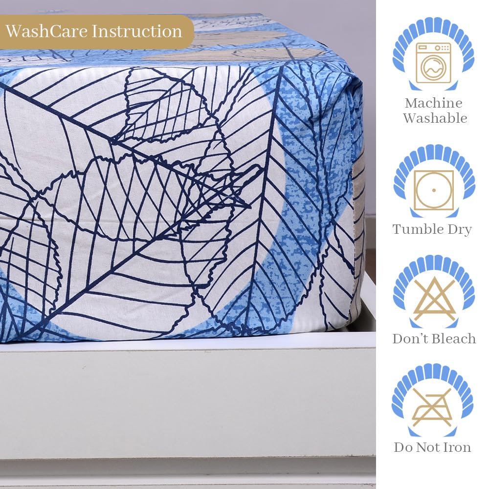 Double Bedsheet For Queen Size With 2 Pillow Covers - 60 X 78 Inches, Sky Blue & White | All Around Elastic Fitted Soft, Lightweight & Breathable Cotton Bedsheet