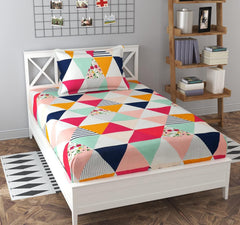 Glace Cotton Single Bedsheet Elastic Fitted With 2 Pillow Cover - 48x78x8 Inches, Multicolor | Soft Touch To Skin | Perfect Ideal For House, Hotel, Guest House Bedsheet