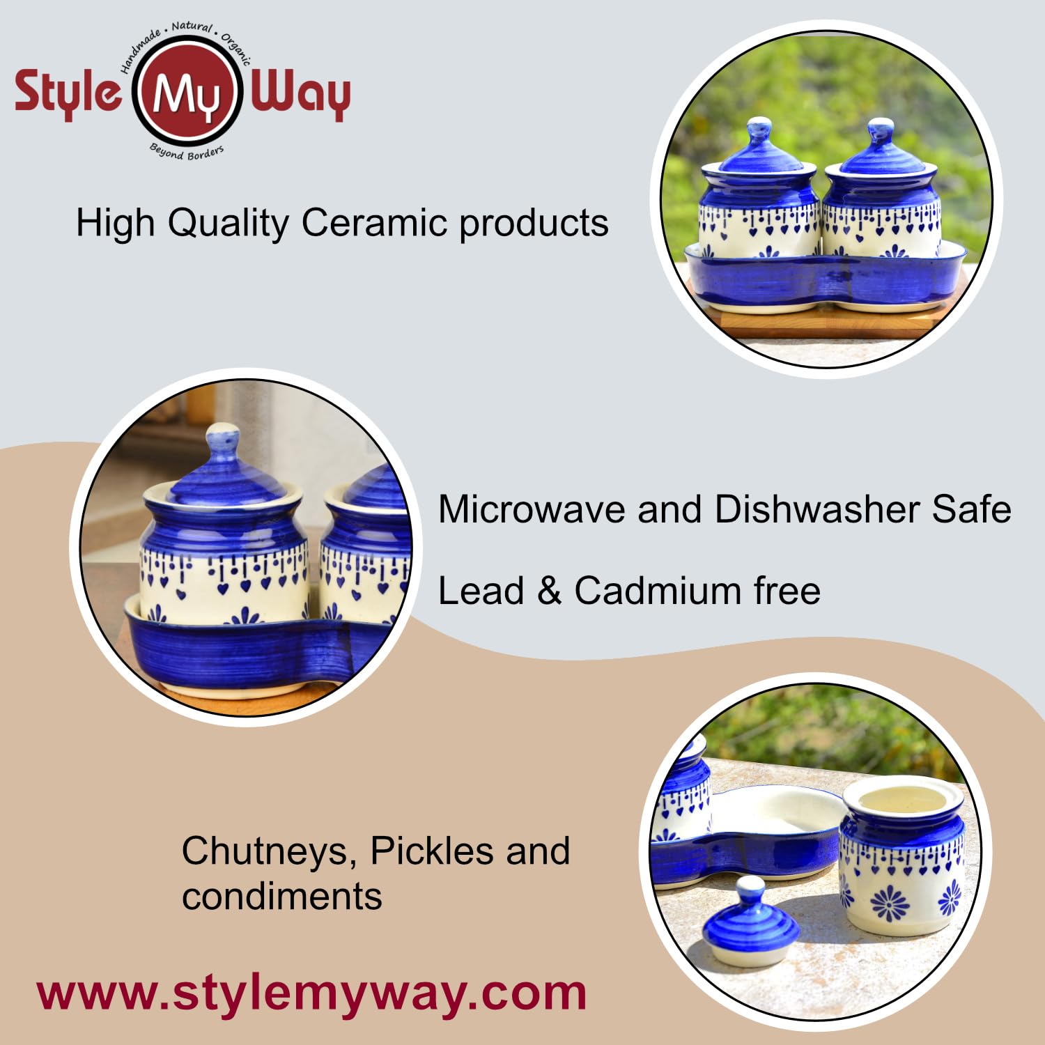 Hand Painted Ceramic Pickle Jar Set With Tray Set Of 2 - Blue & White, 250ml Each | Condiment Set, Masala Container - Pickle & Chutney Jar Set For Dining Table