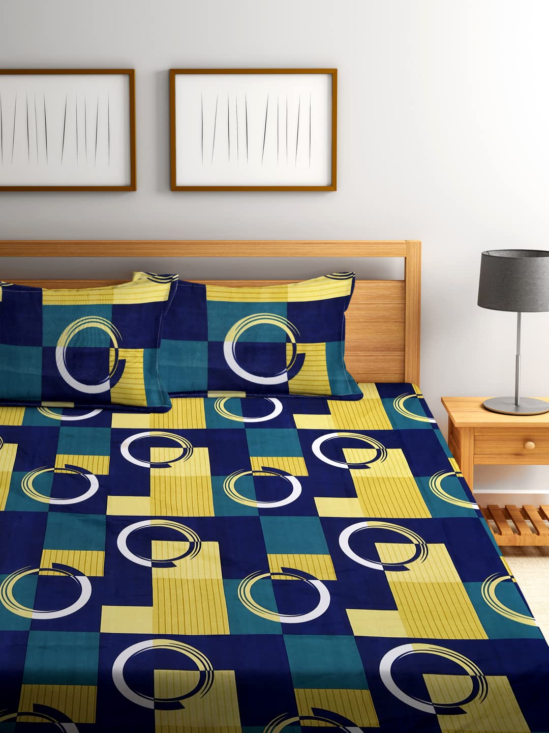 1 Double Bedsheet With 2 Pillow Covers - 85 X 86 Inches, Blue & Yellow | Long-Lasting Color Comfortable Fabric Bedsheet