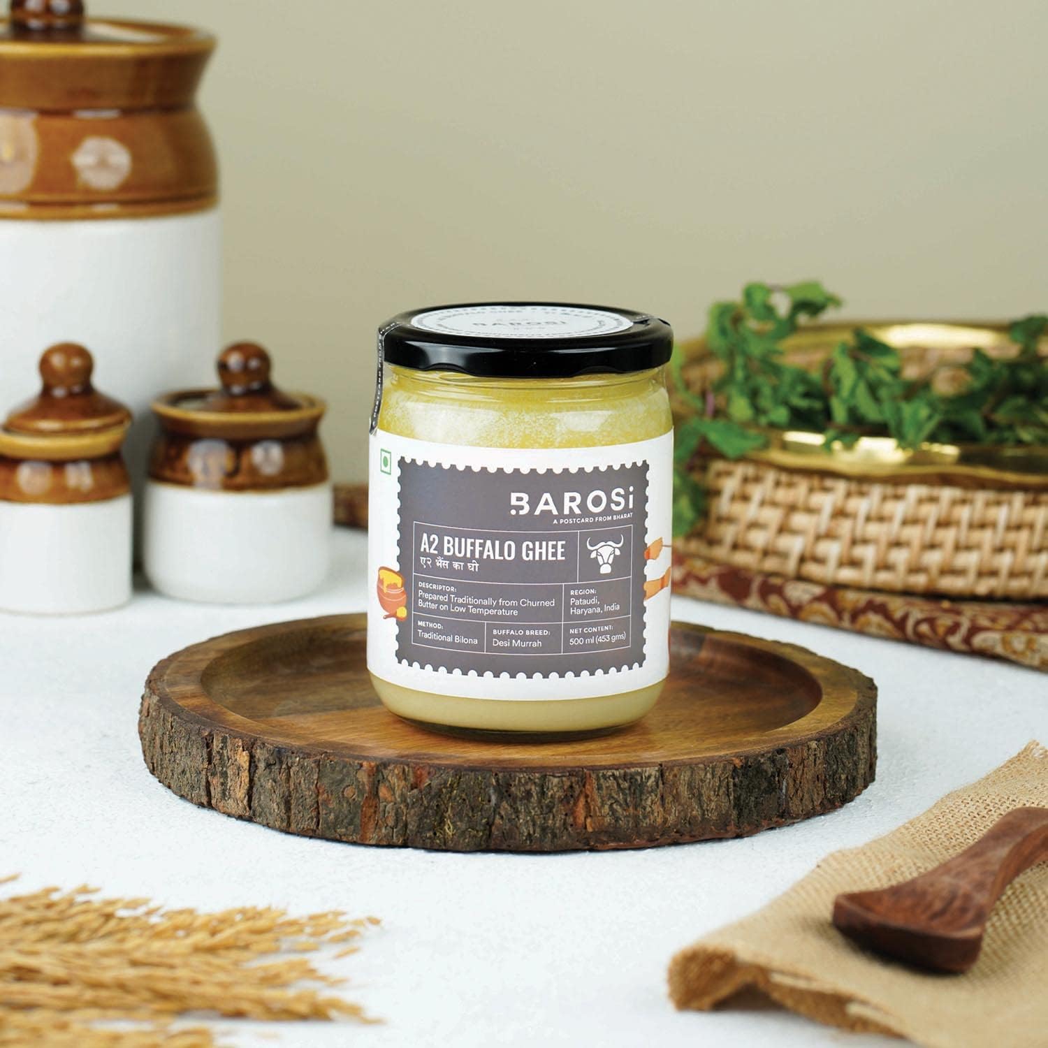 Natural A2 Buffalo Ghee By Barosi | Rich In Vitamins A, E & Healthy Cow Desi Ghee Good For Improves Digestion | (500ml) 16.9 Ounce | Jar Pack