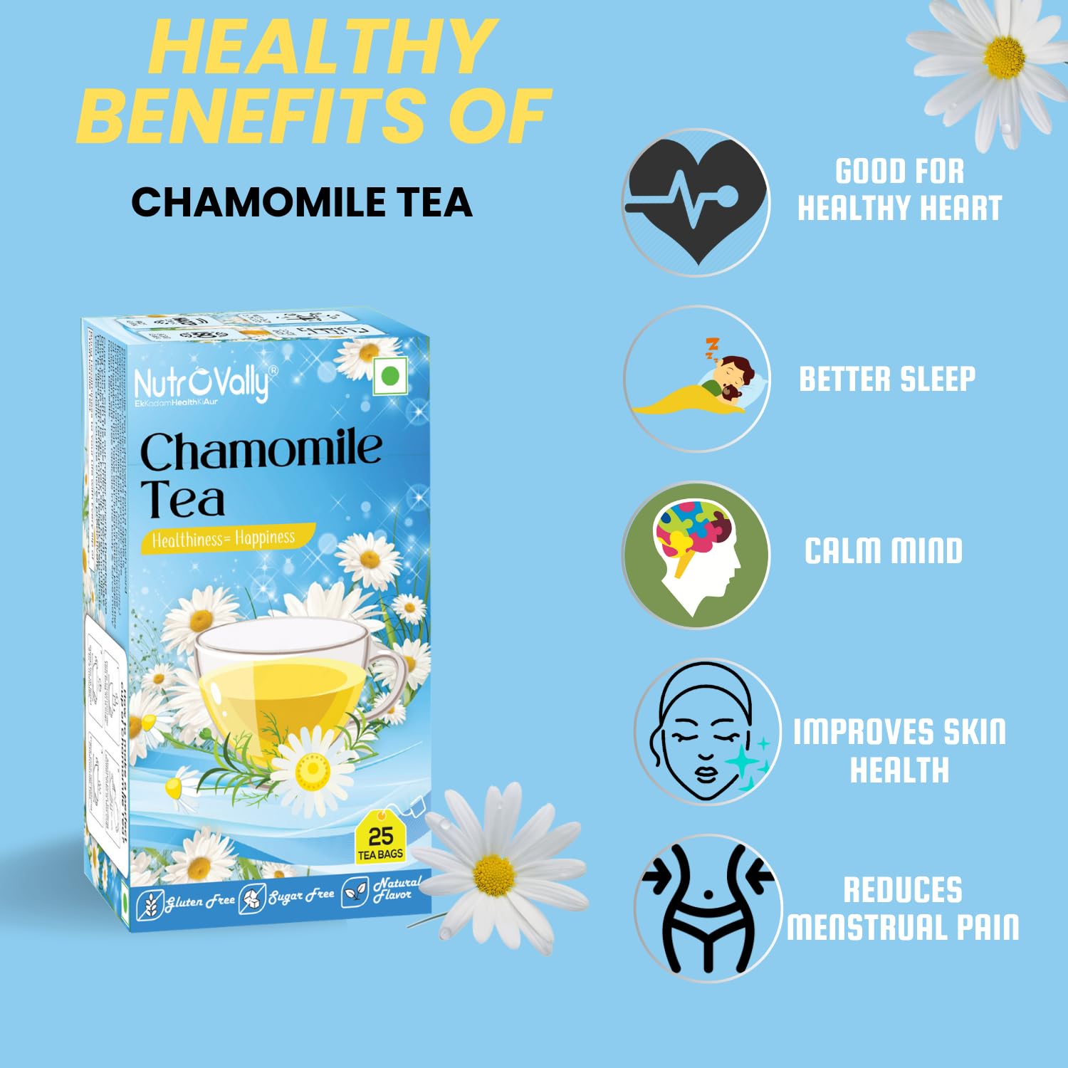 Nutrovally Chamomile Tea - 25 Tea Bags | Improve Sleep Cycle & Skin Health - Refreshing Pure Flowery Loose Leaves | Caffeine Free, Gluten Free, Sugar Free