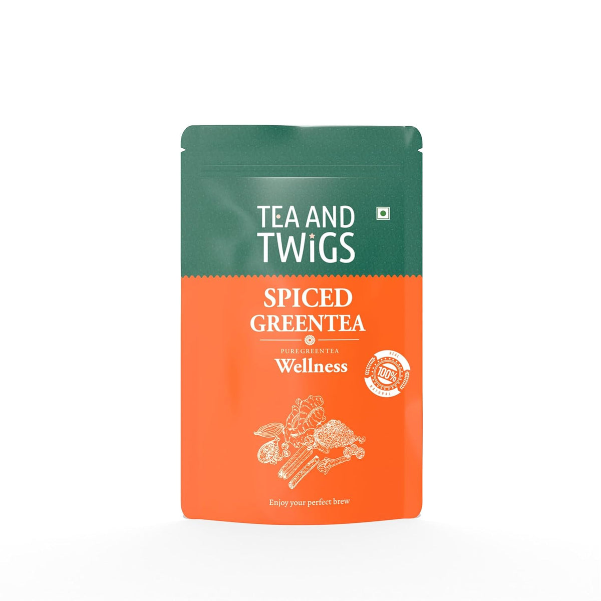 Tea And Twigs Spiced Green Tea - 50gm, 1.7 Ounce, 25 Pyramid Teabags | 100% Pure Spices - Cinnamon, Cardamom, Clove, Black Pepper, Ginger & Green Tea | Soothing & Relaxing Tea, Caffeine Free