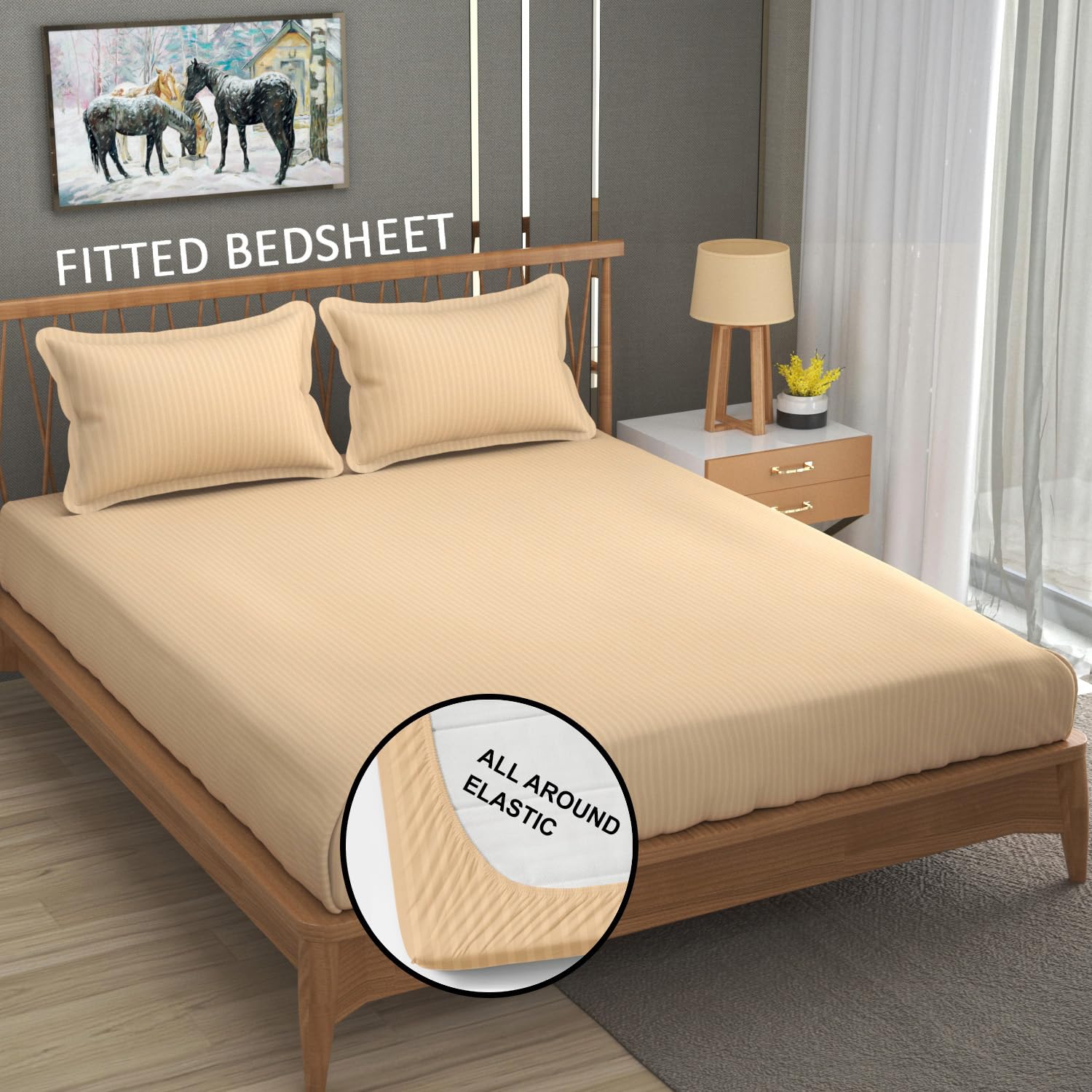 Cotton Elastic Fitted King Size Double Bed Bedsheet With 2 Pillow Covers - 72x78x6 Inches, Peach | Durable Bedsheets For Everyday Comfort
