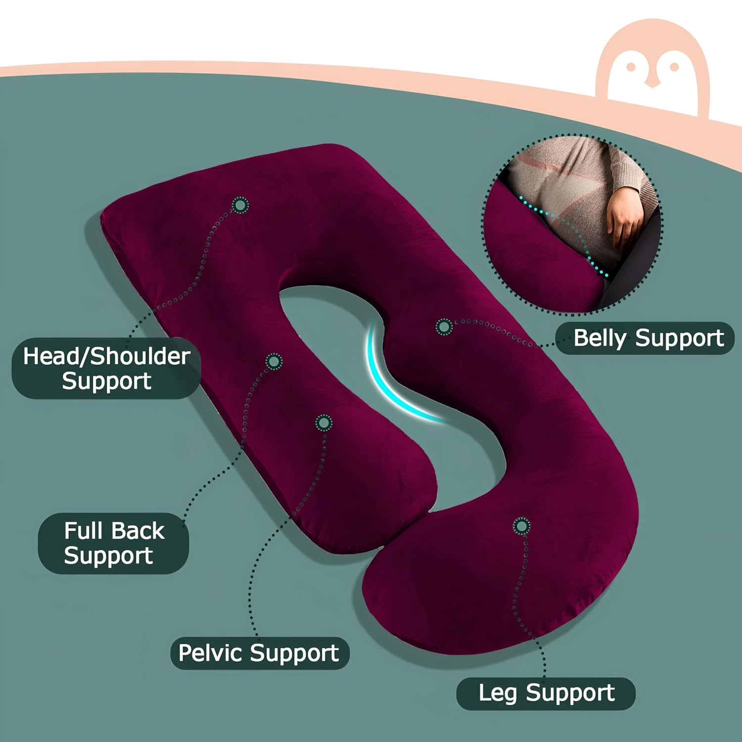 Pregnancy Pillow, Maternity Body Pillow For Sleeping, G Shaped Pillow, Wine - 55 Inch | Full Body Pillow, Pregnancy Pillow For Pregnant Women, Lightweight, Adjustable, Removable Cover