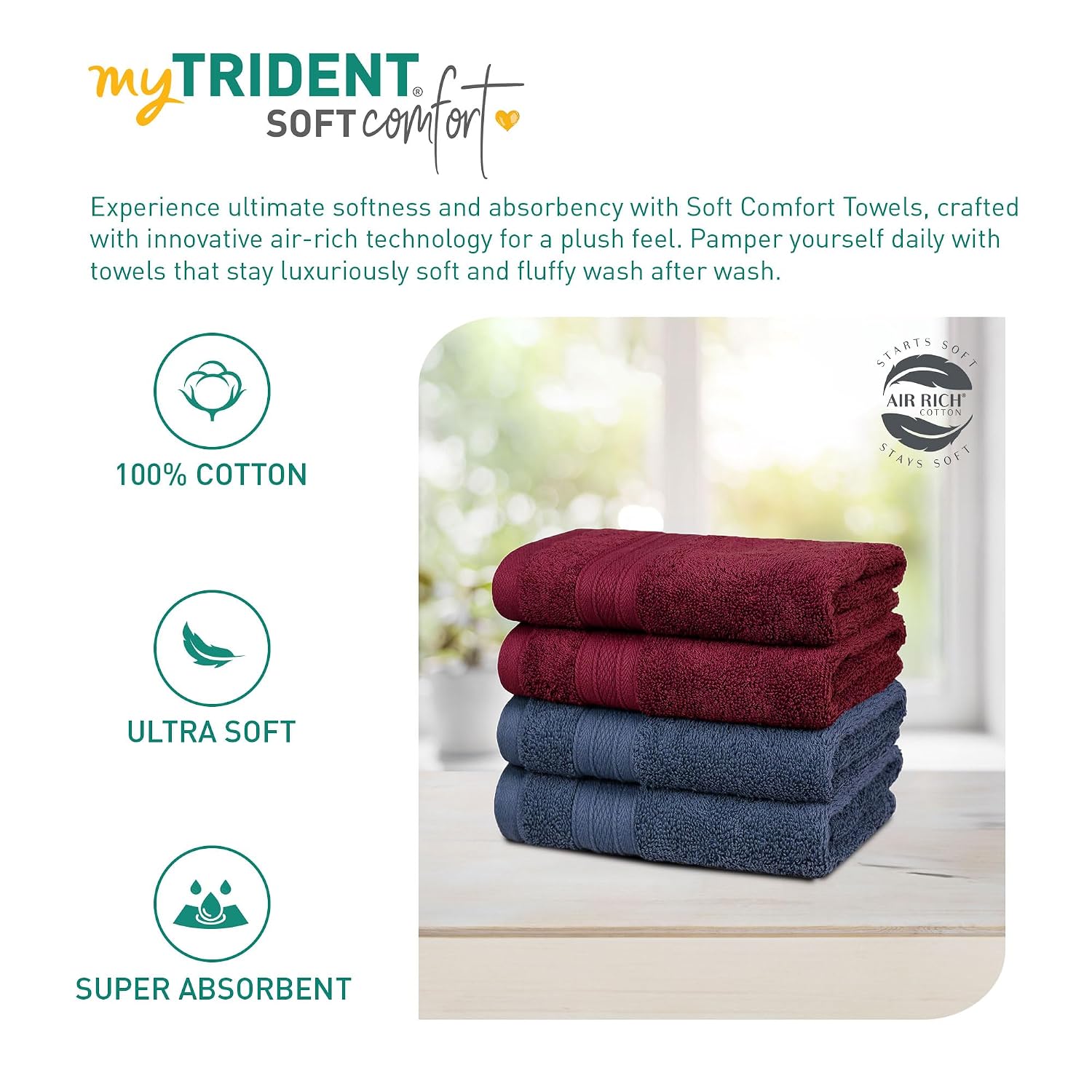 Mytrident Soft Comfort Air Rich 100% Cotton Hand Towel 800 Gsm | Highly Absorbent Towels For Men & Women Hand Towel (Wine Red & Navy) - 4 Pcs