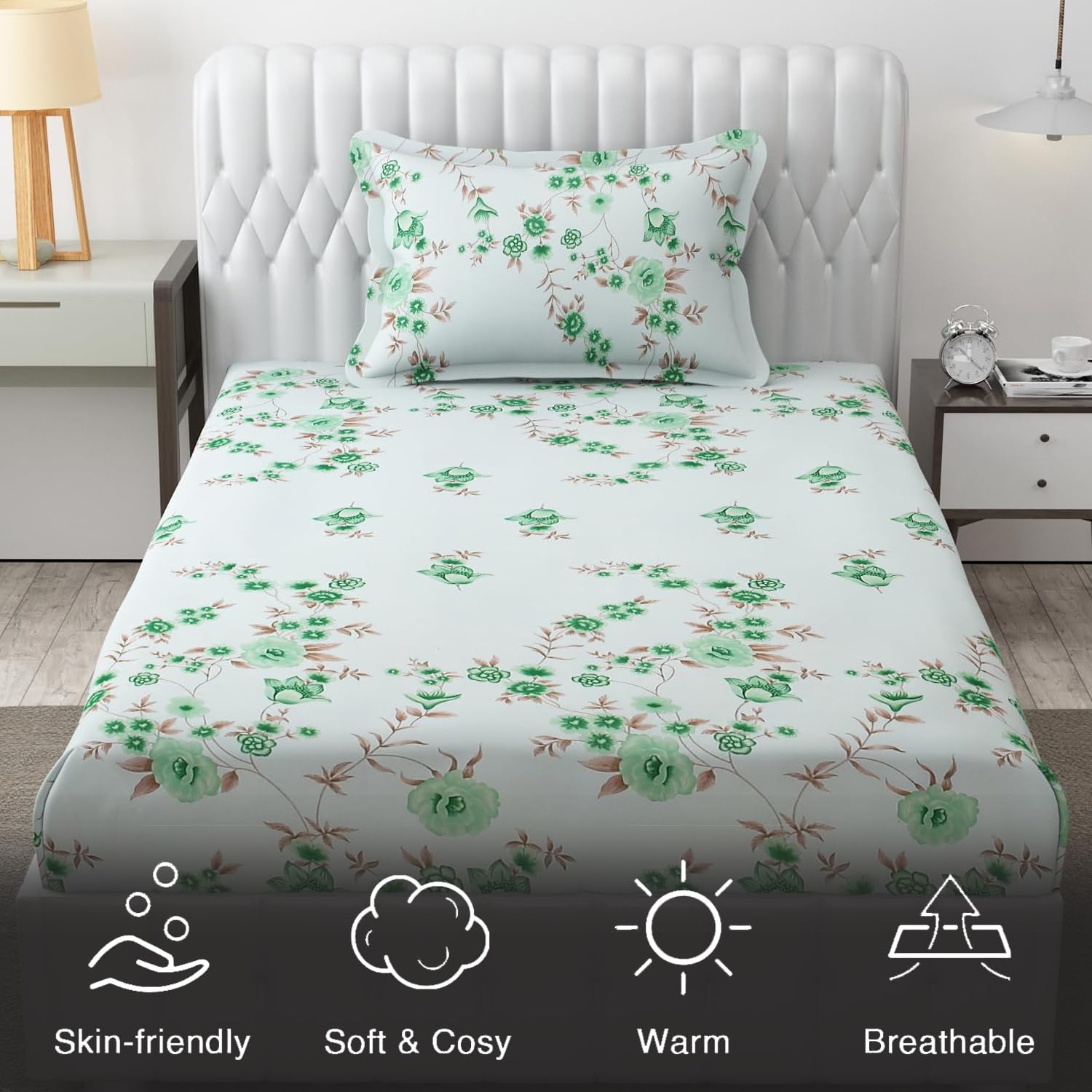 Microfiber Single Bedsheet Set With 1 Pillow Covers (60 X 90 Inches) Green & Brown | Durable & Long-Lasting | 144 Thread Count | Wrinkle Free