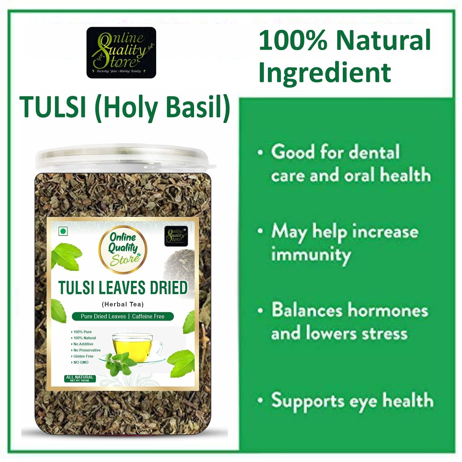 Online Quality Store Tulsi Leaves Dried Herbal Tea - 100gm, 3.5 Ounce | Helps With Stress & Anxiety, Boosts Immunity - Caffeine Free, Gluten Free, No Preservatives