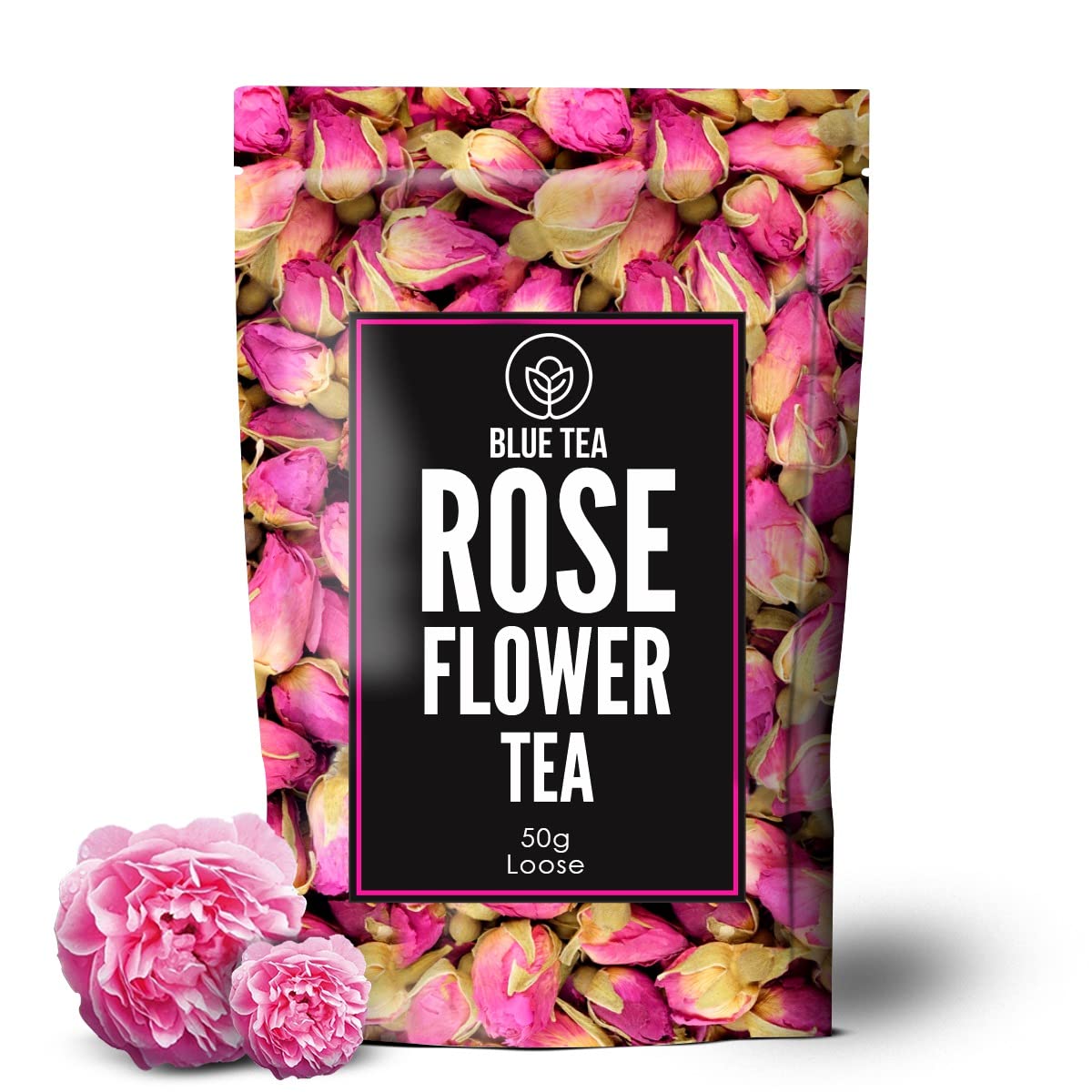 Blue Tea Rose Flower Herbal Tea - 50gm, 1.7 Ounce, 50 Cups | Flower Based, Caffeine Free, Non-GMO - Beautiful Hair & Skin, Rich Vitamin-C | Zipper Packaging