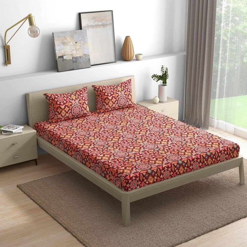 1 Double Bedsheet With 2 Matching Pillow Covers 72 X 48 Inches, Brown | 200 Thread Count Durable & Long Lasting | All Around Elastic Fitted Sheet