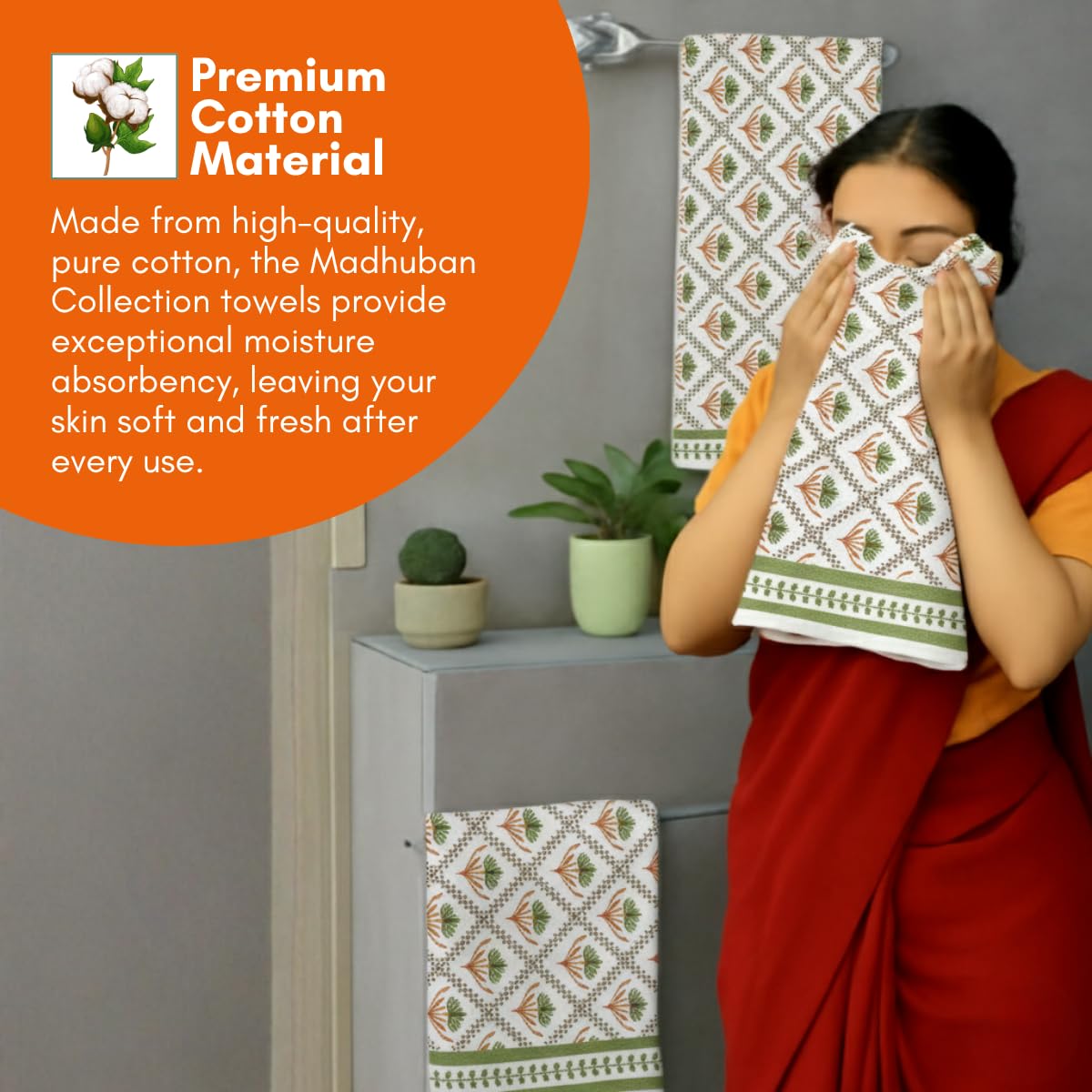 Mafatlal Madhuban Premium Waffle Cotton 1 Bath & 2 Hand Towel 700 Gsm | Hand Printed Floral Design Lightweight, Quick Dry Towel (Foliage) - 3 Pcs