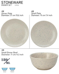 Handmade Ceramic Stoneware Dinner Set - Pack Of 12 Pcs, Ivory White | 4 Dinner Plates, 10.6 Inch Each + 4 Small Plates, 7.4 Inch Each+ 4 Small Dinner Bowl, 180ml Each - Microwave & Dishwasher Safe