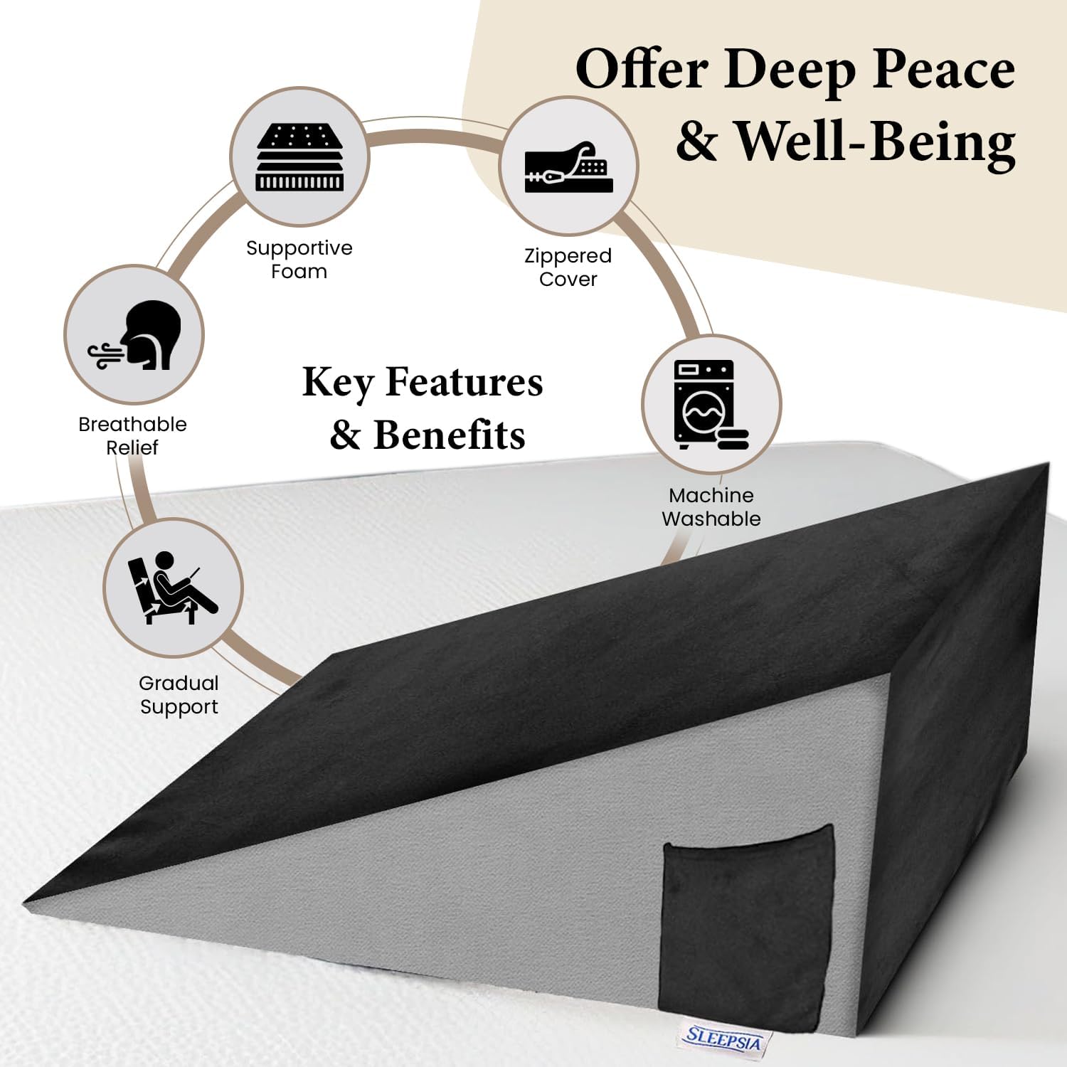 Wedge Memory Foam Pillow, Back Support Pillow For Bed, Acid Reflux, Grey & Black | Snoring, Gerd, Leg Elevation, Pregnancy Support For Sitting & Sleeping | Wedge Cushion Pillow