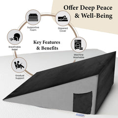 Wedge Memory Foam Pillow, Back Support Pillow For Bed, Acid Reflux, Grey & Black | Snoring, Gerd, Leg Elevation, Pregnancy Support For Sitting & Sleeping | Wedge Cushion Pillow