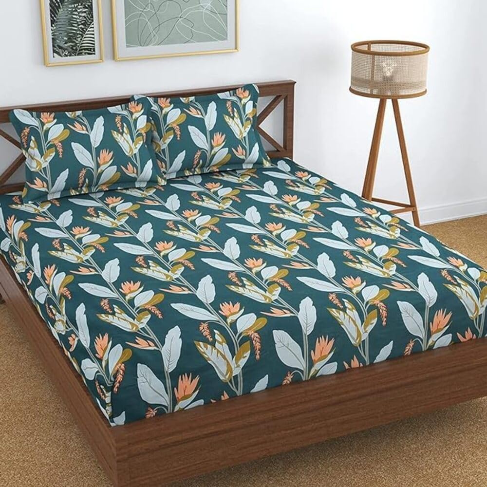 Cotton Elastic Fitted Bedsheets Queen Size With 2 Pillow Covers - 60 X 78 Inches, Green | Durable & Long Lasting, Skin Friendly, Premium Comfort Bedsheet