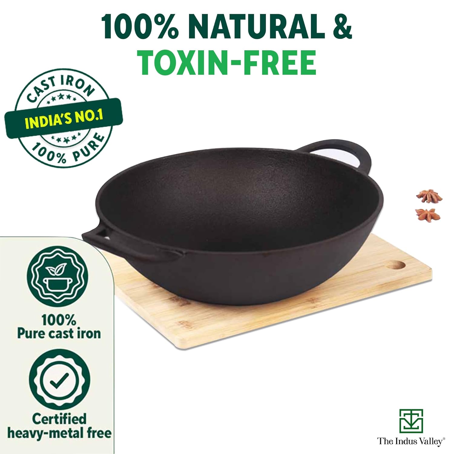 Pre-Seasoned Black Cast Iron Kadai With Flat Handles - Medium, 10.5 Inch, 27 Cm, 2.5 Liters, 2.5 Kg | Induction Friendly, Naturally Nonstick Kadhai, 100% Pure & Toxin-Free, No Chemical Coating