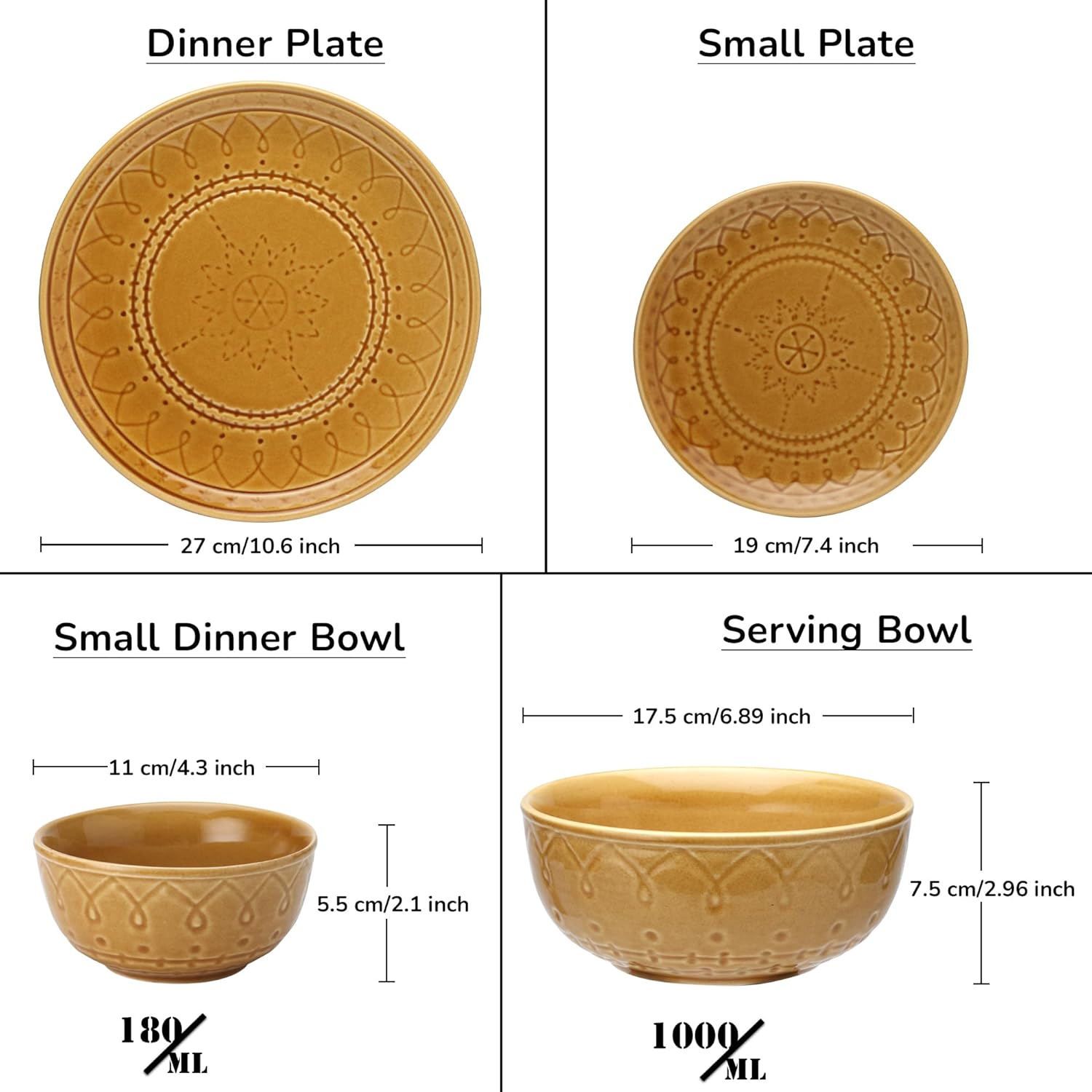 Handcrafted Stoneware Embossed Ceramic Dinner Set Of 20 Pcs With Serving Bowl Set - Golden Brown | 6 Dinner Plates+ 6 Small Plates+ 6 Small Dinner Bowls, 180ml Each+ 2 Serving Bowl, 1000ml Each