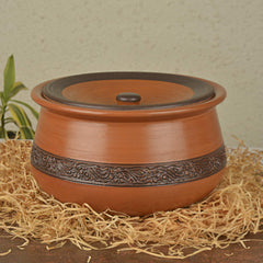 Handcrafted Ornately Designed Earthenware Handi With Lid - Brown, 2 Liters | Clay Dahi Handi - Cooking & Serving Pot