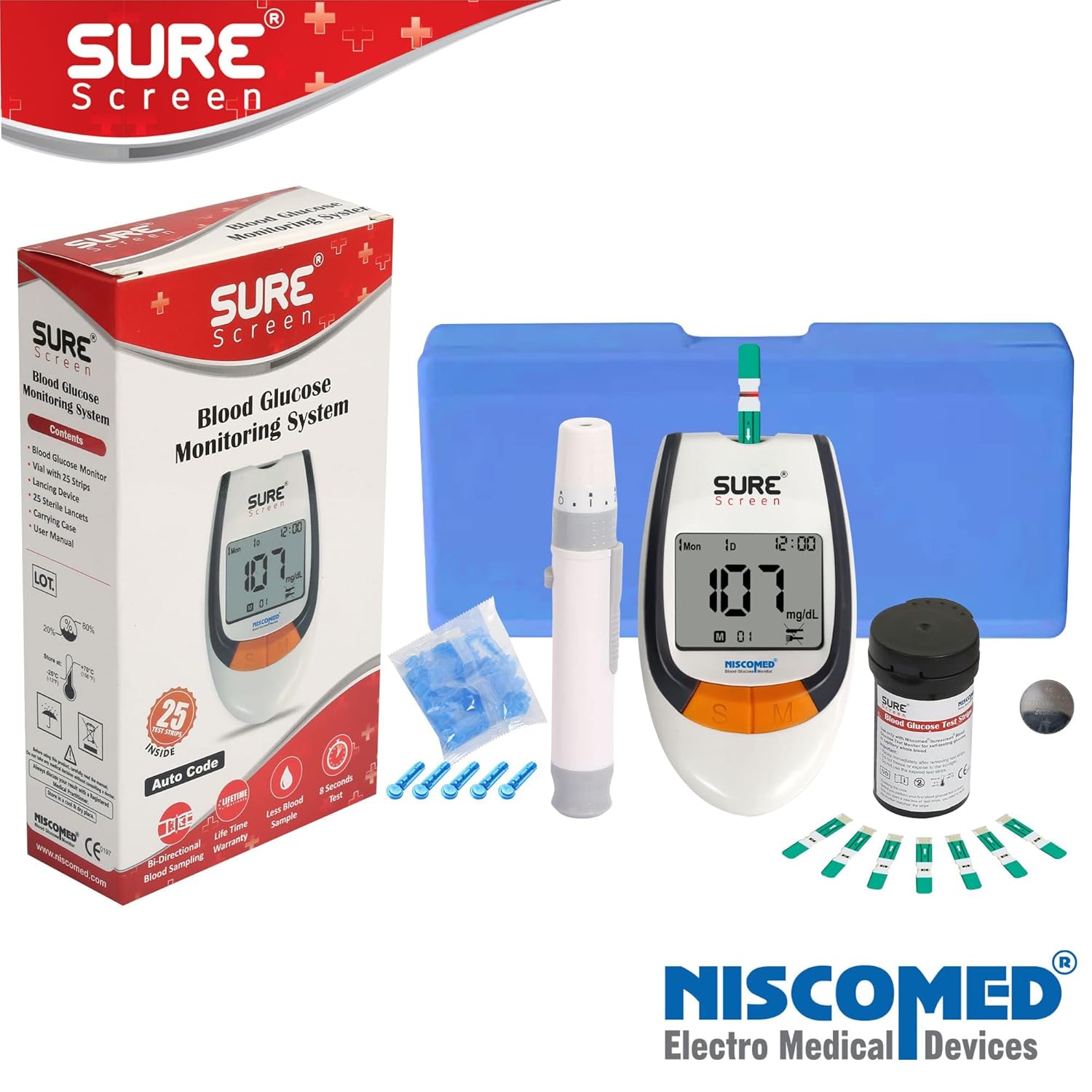 Niscomed Sure Screen Accurate Digital Glucose Blood Sugar Testing Machine With 25 Strips Glucometer (White & Grey)