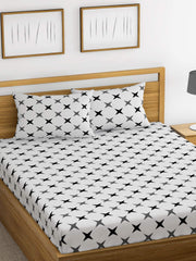 King Size Bedsheet With 2 Pillow Cover + Pillowcase Set (2 Pcs) | 110 X 108 Inches, White & Grey | Breathable & Wrinkle Free Bedsheet