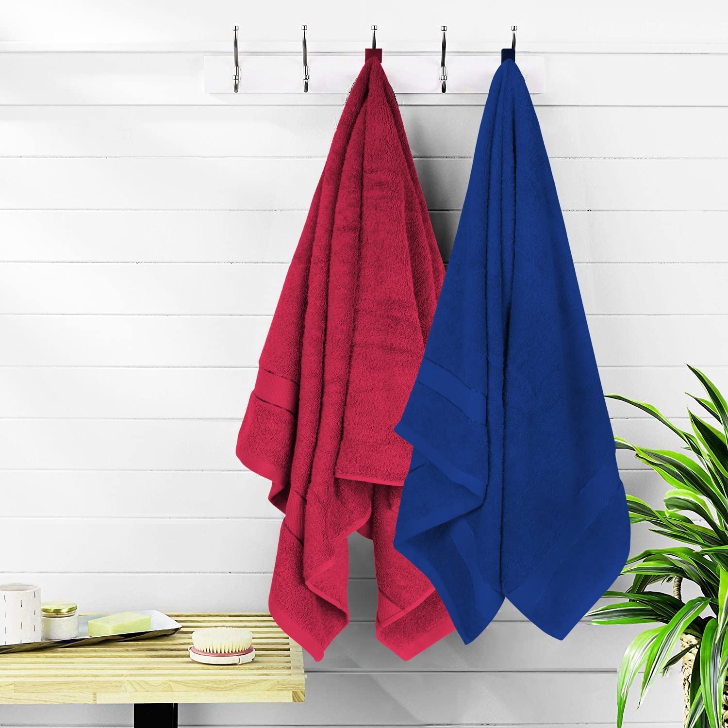 Cloth Fusion 100% Cotton Bath Towels 500 Gsm Large Size Set Of 2, Ultra Soft Bath Towel For Women & Men (Red & Blue)