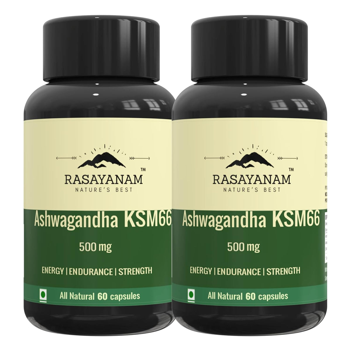 Rasayanam Ashwagandha Ksm-66 500mg Extra Strength Natural Formulation Support Strength & Energy Withania Somnifera Extract | 60 Veg Capsules 100gm 0.2lbs Each Pack Of 2
