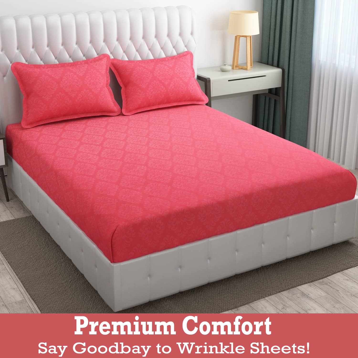 144 TC King Size Bedsheet With 2 Pillow Covers - 90 X 95 Inches | Pink, Damas Design Bedsheet | Machine Washable & Wrinkle Resistant