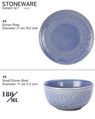 Handcrafted Stoneware Embossed Dinner Set Of 4 - Ceramic Pack Of 8 Pcs, Mist Blue | 4 Dinner Plates + 4 Bowl Or Katoris, 180ml Each - Microwave & Dishwasher Safe | Serving For 4