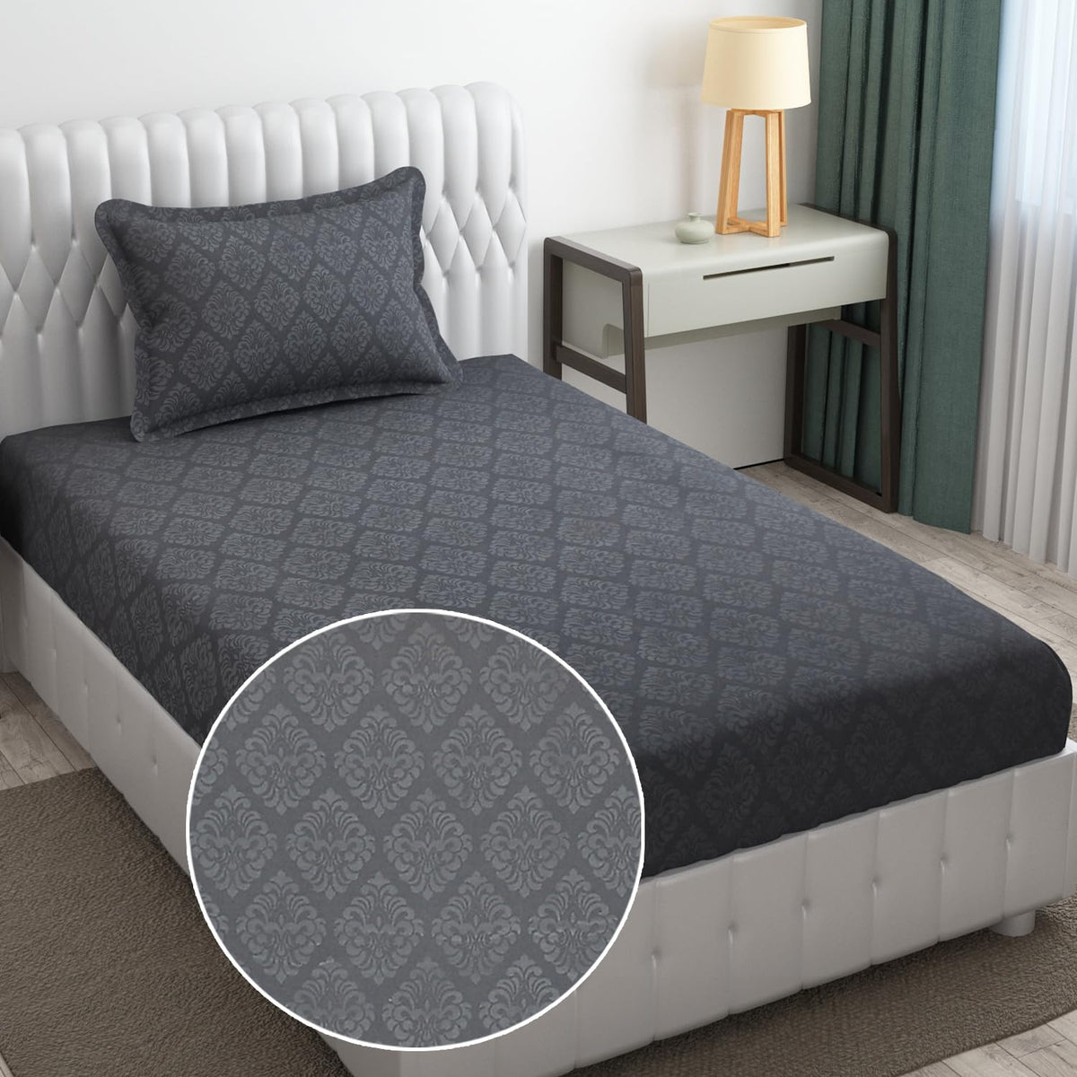Soft Microfiber Single Bedsheet With 1 Pillow Covers - 60 X 90 Inches, Grey, Damas Design | Wrinkle Free Design & Easy To Wash | Refreshing Your Bedroom Look
