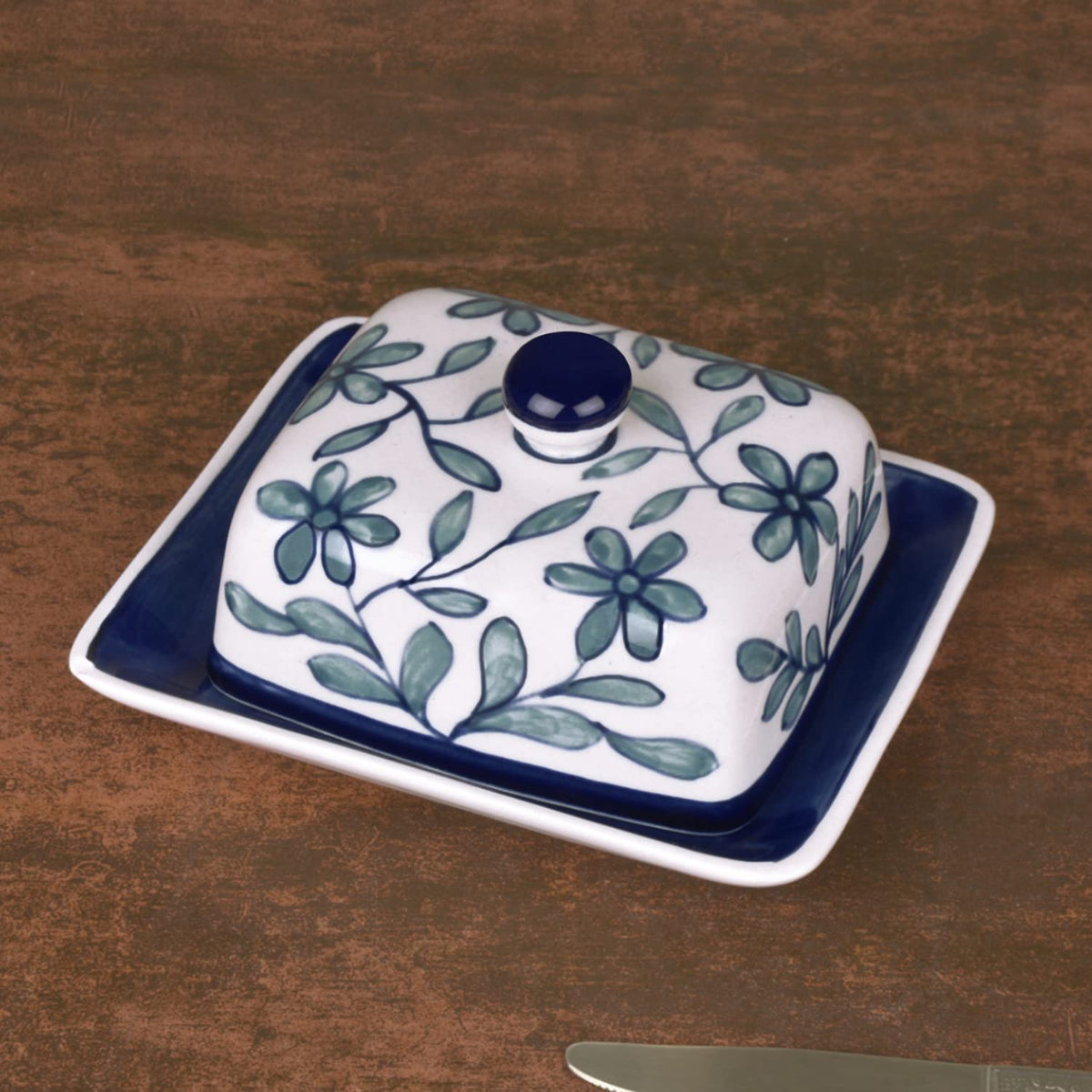 Hand Painted Ceramic Butter Dish With Lid - Blue & White, Height: 8 Cm | Butter Serving Set - Butter Container For 500 Gm