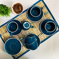 Retro Green Ceramic Cups & Saucers Set Of 6 | Tea Cup Set Of 6 Cups + 6 Saucers For Tea, Coffee, Hot Drinks - 12 Pieces, 150ml, Microwave Safe