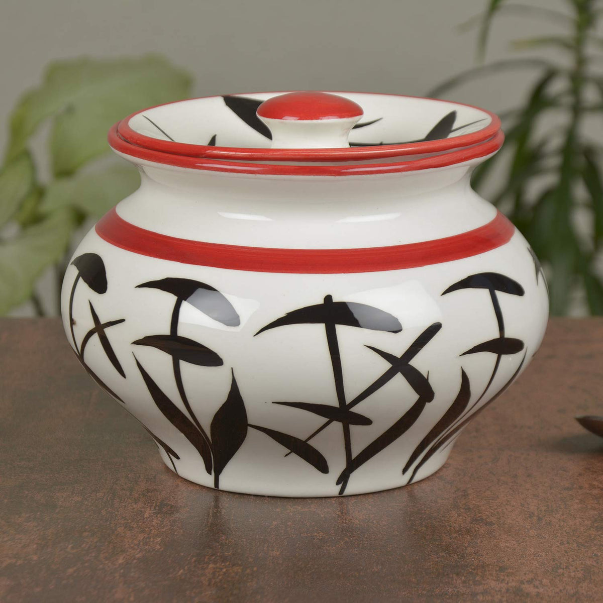 Hand Painted & Handcrafted Ceramic Handi With Lid - 1250ml, Black & White | Dahi Handi - Serving Handi - Biryani Handi