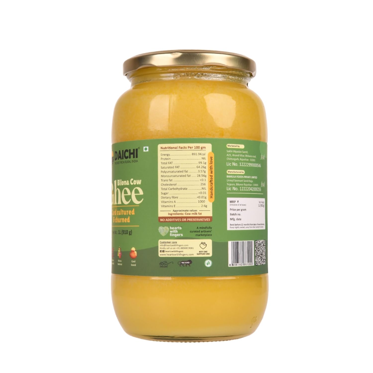 Organic Bilona Cow Ghee By Daichi | Traditional Curd Bilona Ghee Perfect For Improving Digestion | (1 Litre) 33.8 Ounce | Jar Pack