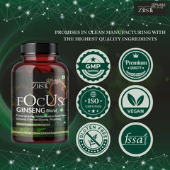 Ziist Focus Ginseng Blend Panax, Ginseng Ginkgo Bilobal American, Siberian Ginseng, Rhodiola Dietary Supplement | 90 Capsules 150gm 0.3lbs