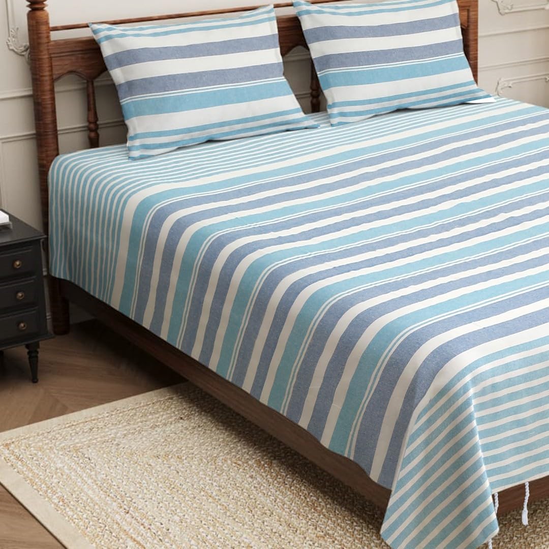 210 TC Double Bedsheet With Two Pillow Cover - Queen Size 90 X 100 Inches, White & Blue | Handloom Cotton Bedsheets For Double Bed | All Season Comfort