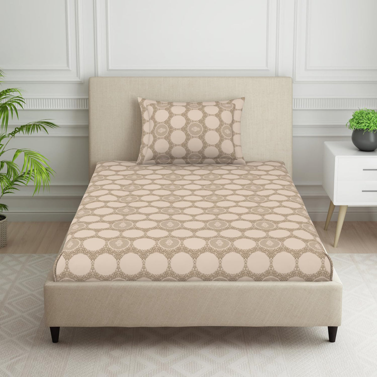 Polycotton Bedsheet For Single Bed With 1 Pillow Cover - 60 X 88 Inches, Beige | Skin Safe & Super Soft Small Size Bed Sheet