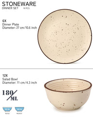 Handcrafted Ceramic Stoneware Dinner Set - Pack Of 18 Pcs, Beige | 6 Dinner Plates, 10.6 Inch Each + 12 Salad Bowl, 180ml Each - Microwave & Dishwasher Safe | Crockery Set For Dining & Gifting