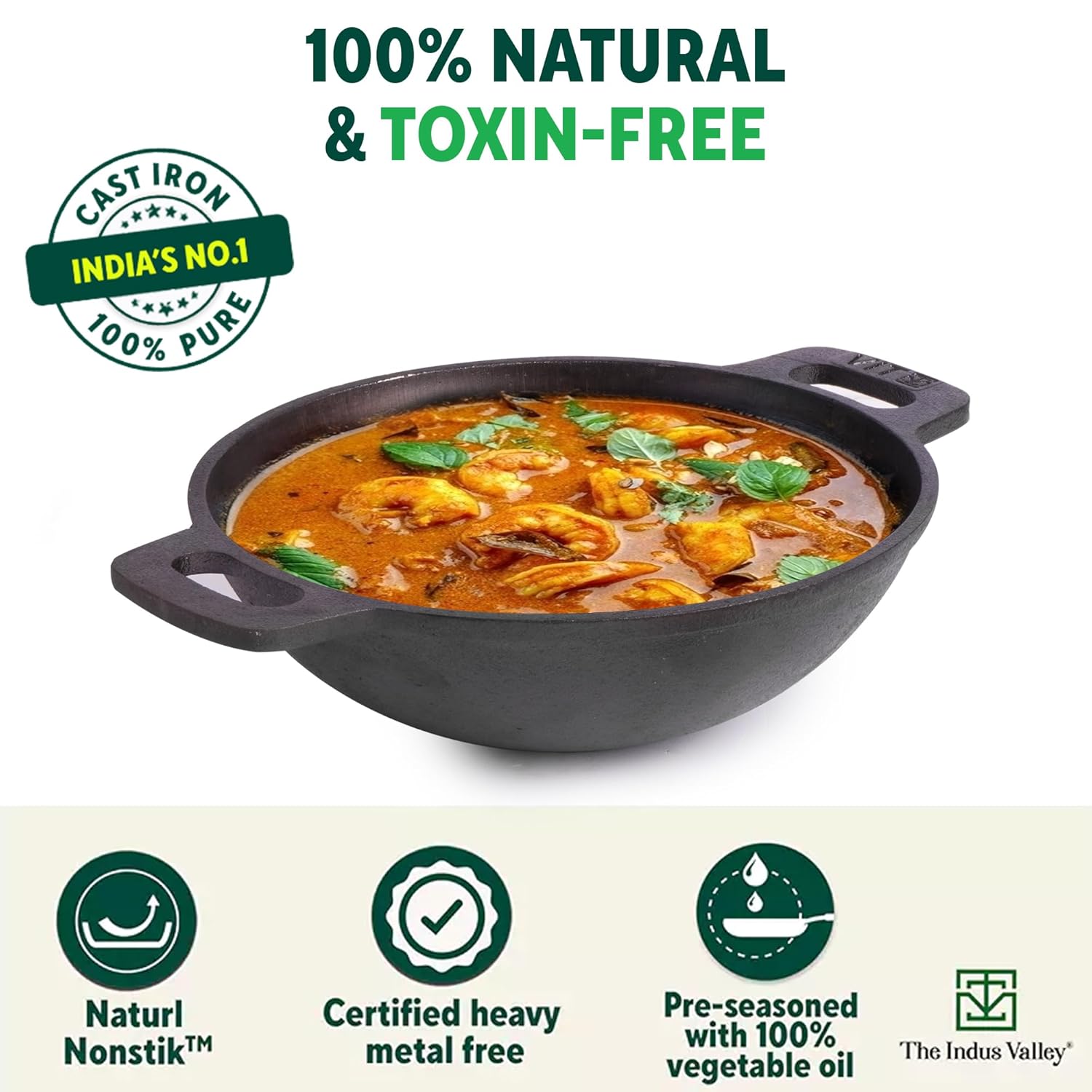 Super Smooth Cast Iron Kadai For Deep Frying - Small, 20.3cm, 8 Inch, 1.3 Liters, 1.8 Kg | Naturally Nonstick, Pre-Seasoned Kadhai, 100% Pure & Toxin-Free, No Chemical Coating