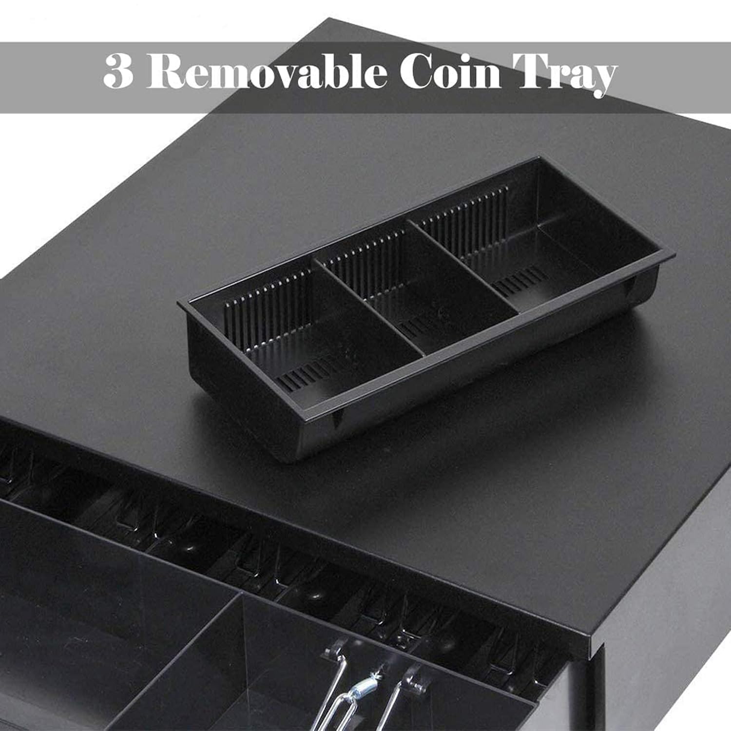 Cash Box Metal Cash Register Drawer 3 Coin Money Storage Box Tray With Removable Coin Tray & Key - Lock Cash Drawer For Shop, Colour - Black, Material - Metal