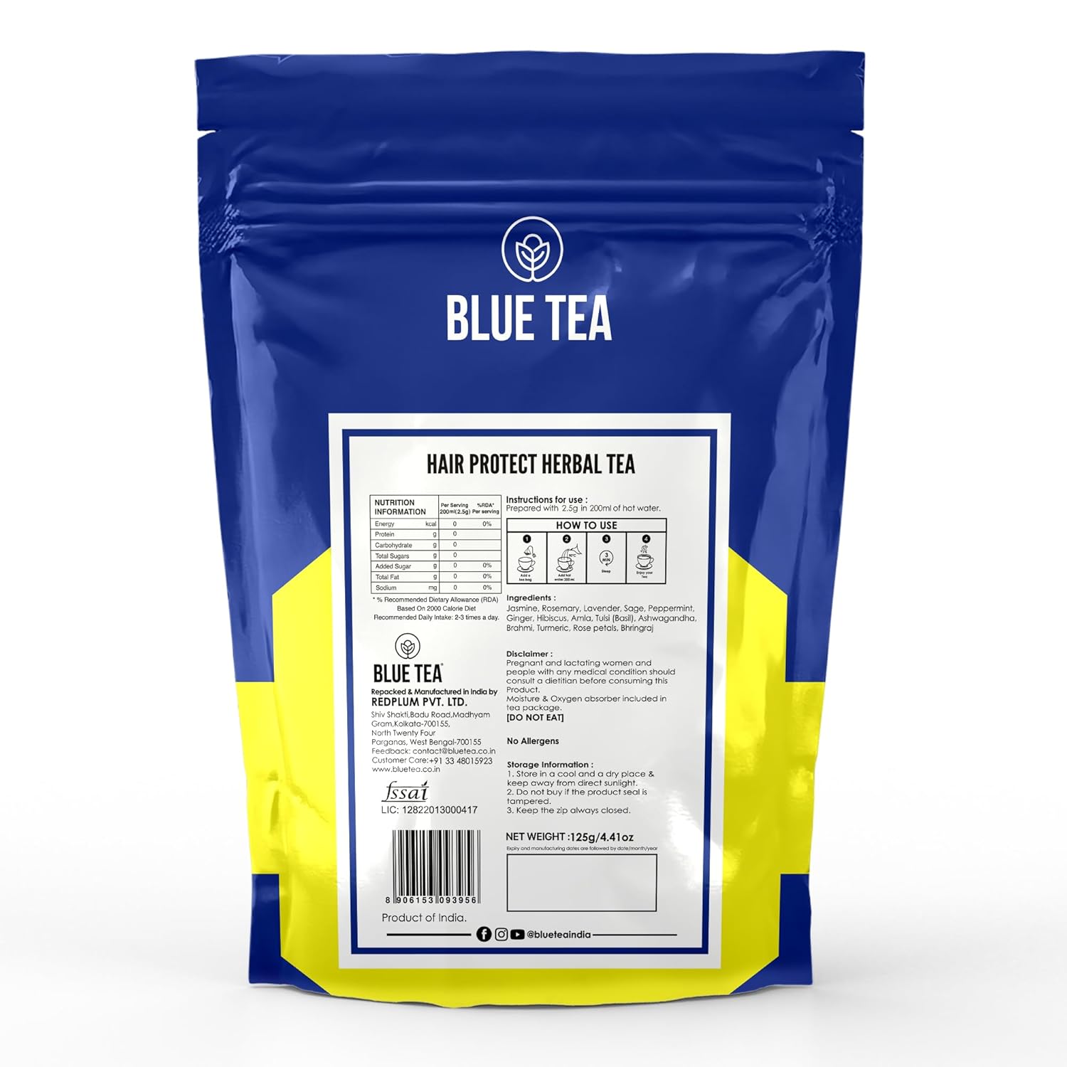 Blue Tea Caffeine Free Hair Protect Herbal Tea - 50 Pyramid Tea Bags In Zip Lock Pack | Antioxidants Support, Hair Protection - Gluten Free