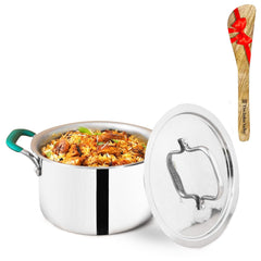 Triply Stainless Steel Stock Pot Or Biryani Pot Or Casserole With Free Wooden Spatula | Medium, 21.6cm, 8.5 Inch, 2.9 Liter, 1.4 Kg - Induction Friendly, Non-Stick 3-Layer Body, 100% Toxin-Free