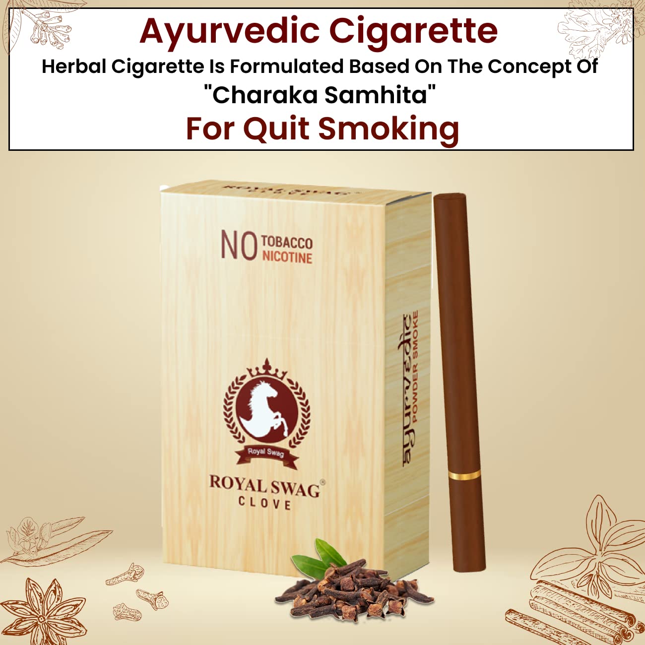 Royal Swag Ayurvedic Herbal Cigarettes 100% Tobacco Free 100% Nicotine Free Cigarettes Regular, Clove Flavoured | Smoking Cessation (Pack Of 20)