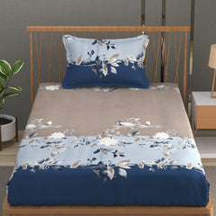 Elastic Fitted 1 Single Bedsheet With 1 Pillow Cover | 36 X 78 Inches, Beige & Blue - Breathable & Durable, Soft Touch & Perfect For All Seasons
