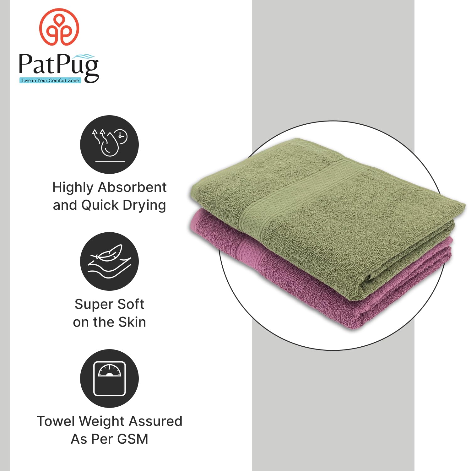 PatPug 100% Indian Ultra Soft Cotton 380 Gsm | Highly Absorbent, Fade Resistant Large Bath Towel (Wine Red & Olive Green)