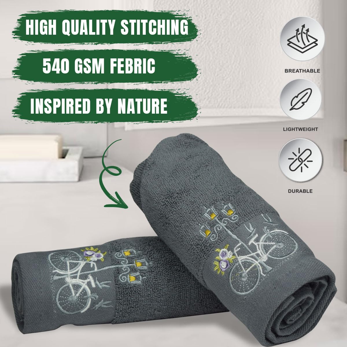 Rangoli 100% Cotton Martin Hand Towels 540 Gsm | Quick Dry, Ultra Soft, Highly Absorbent Printed Hand Towel For Men & Women Luxury & Highly Absorbent Towels - Grey (Set Of 2)