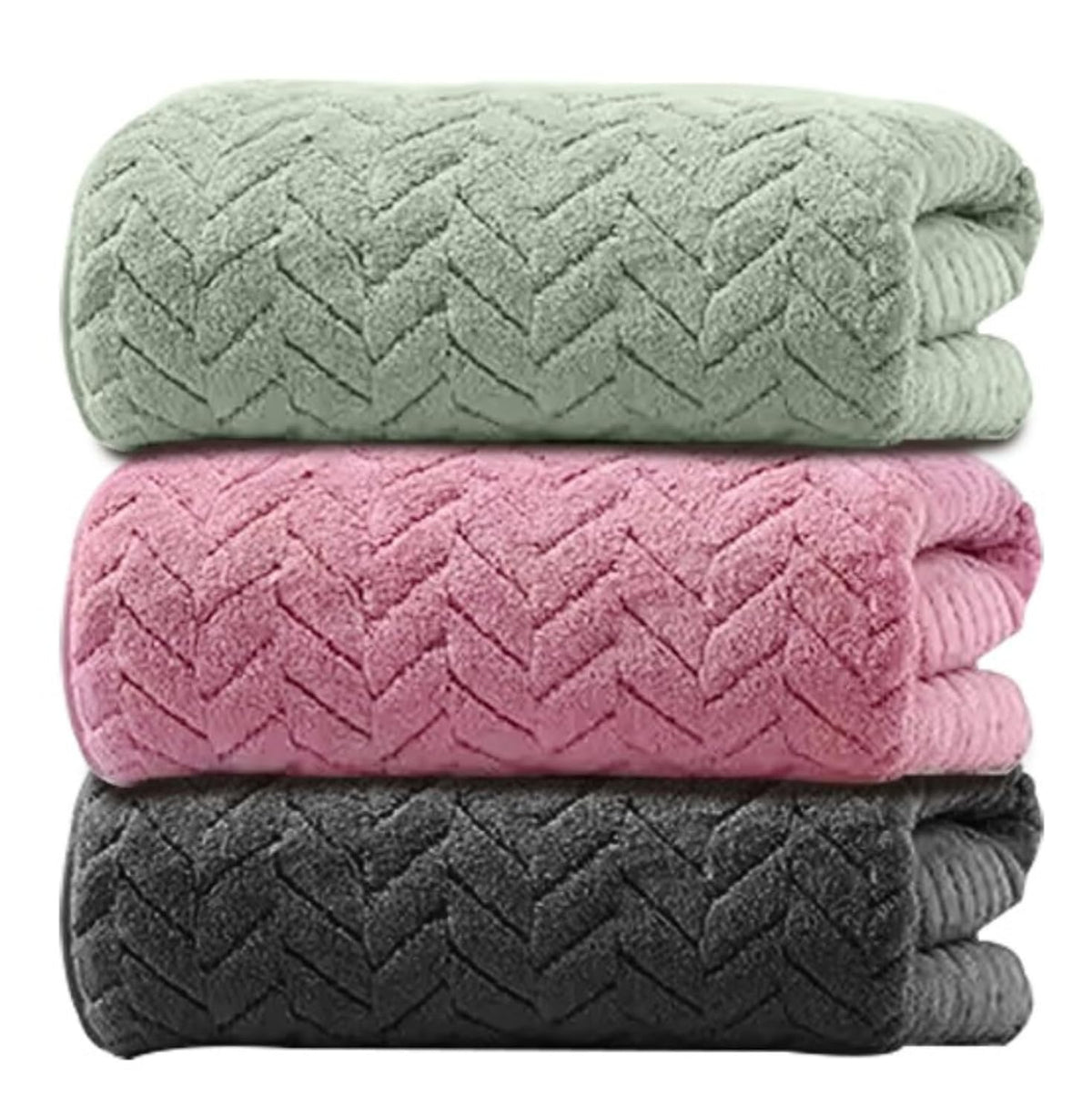Maxoshine Microfiber Bath Towels Large Size-Super Soft Coral Fleece Bathing Towel With Hook Quick Dry Super Absorbent-Bath Towel For Men & Women (Green/Pink/Grey, Pack Of 3)