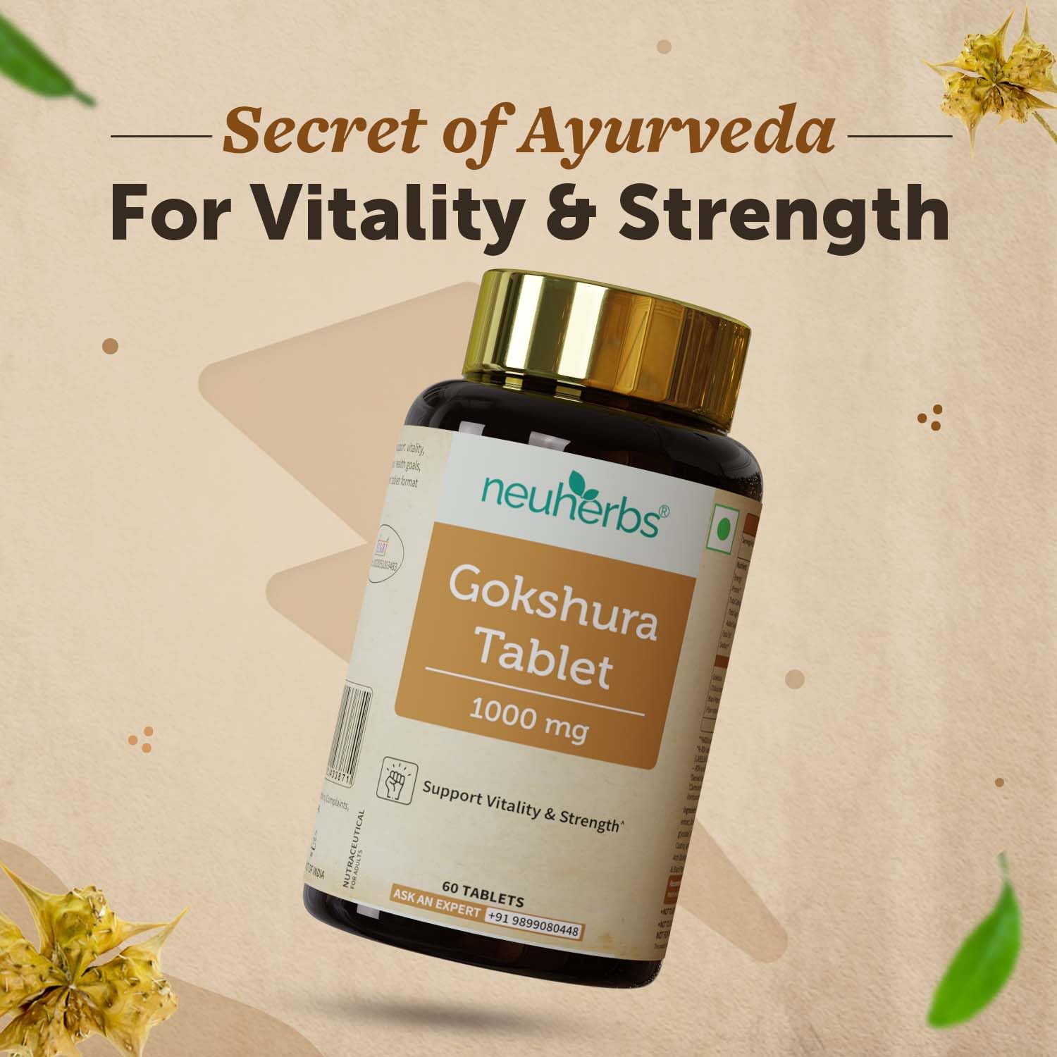 Neuherbs Gokshura Tablet 1000mg Helps To Support Energy & Strength Tribulus Terrestris Energy Booster Supplements, General Wellness Tablets For Men & Women | 60 Tablets 100gm 0.2lbs